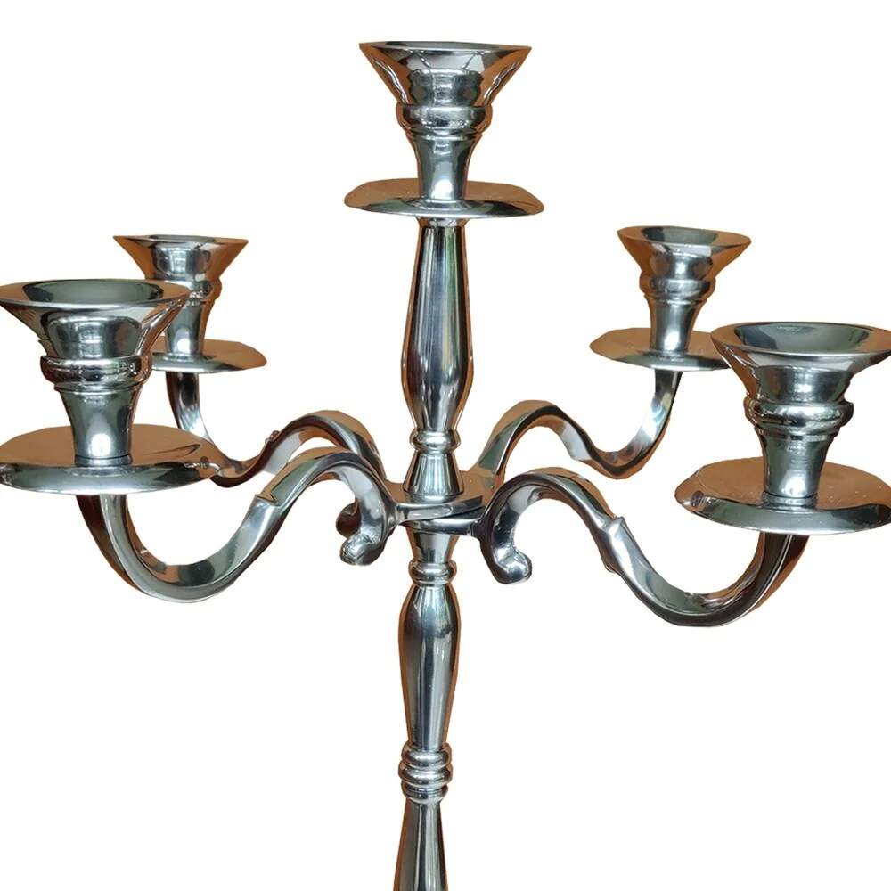 24 Inches Handmade 5 Arms Aluminum Candelabra with Pedestal Body, Polished Silver