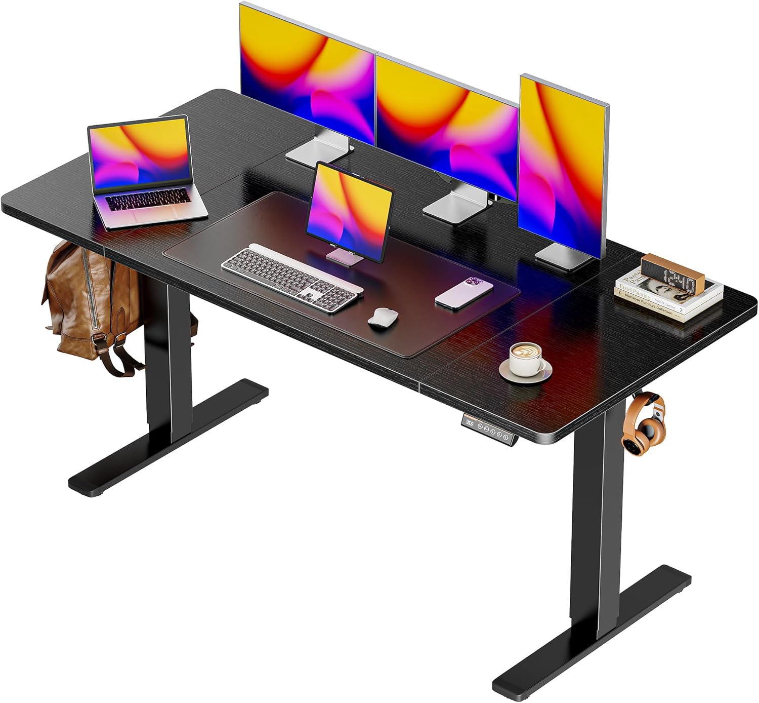 Huuger 55 x 28 Large Electric Standing Desk, Height Adjustable Computer Desk, 27.6 Deep Desktop, Stand up Gaming Office Table with 2 Hooks, 3 Preset Heights, for Home Office, Black