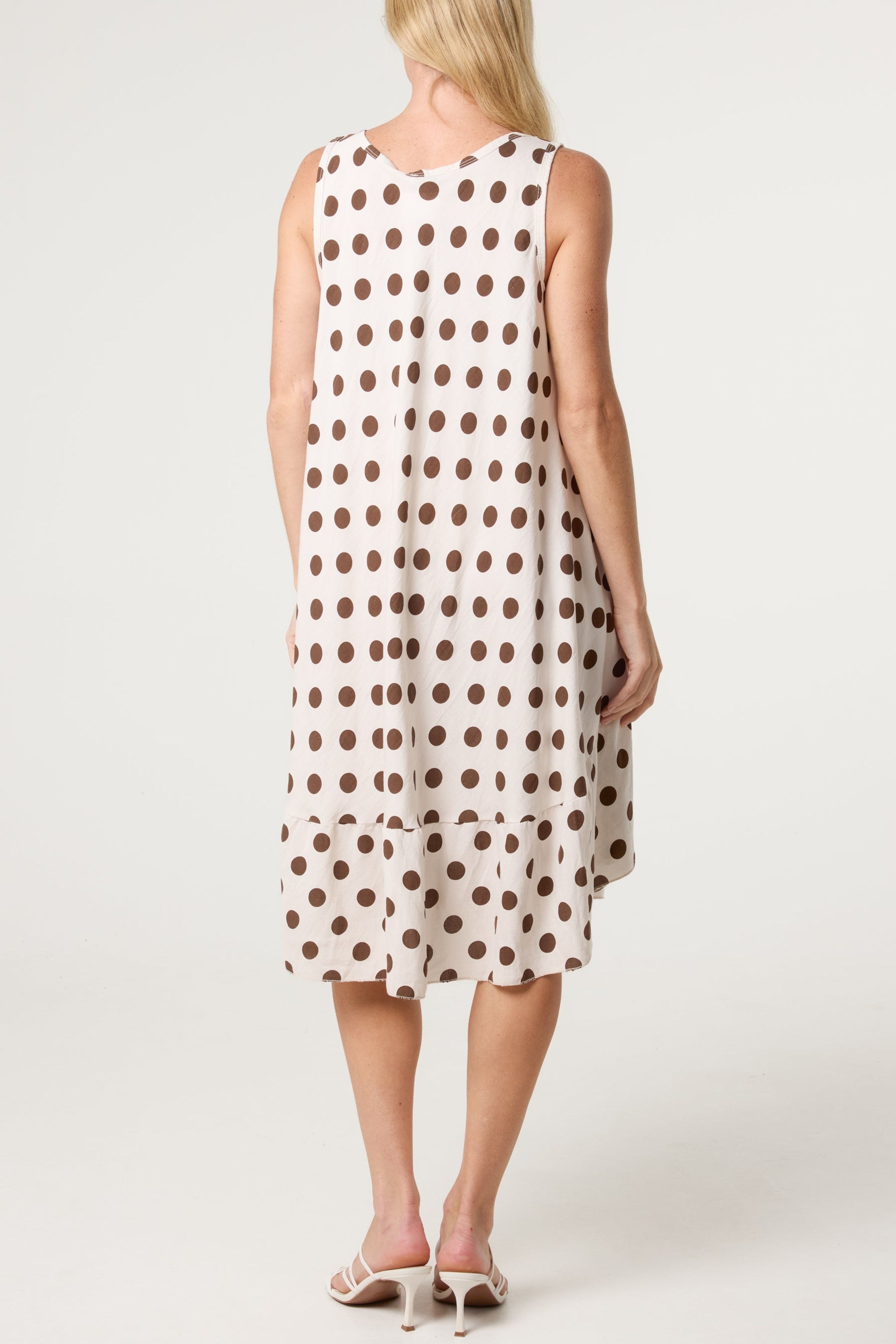 Blue Vanilla Beige Polka Dot Linen Like Dress