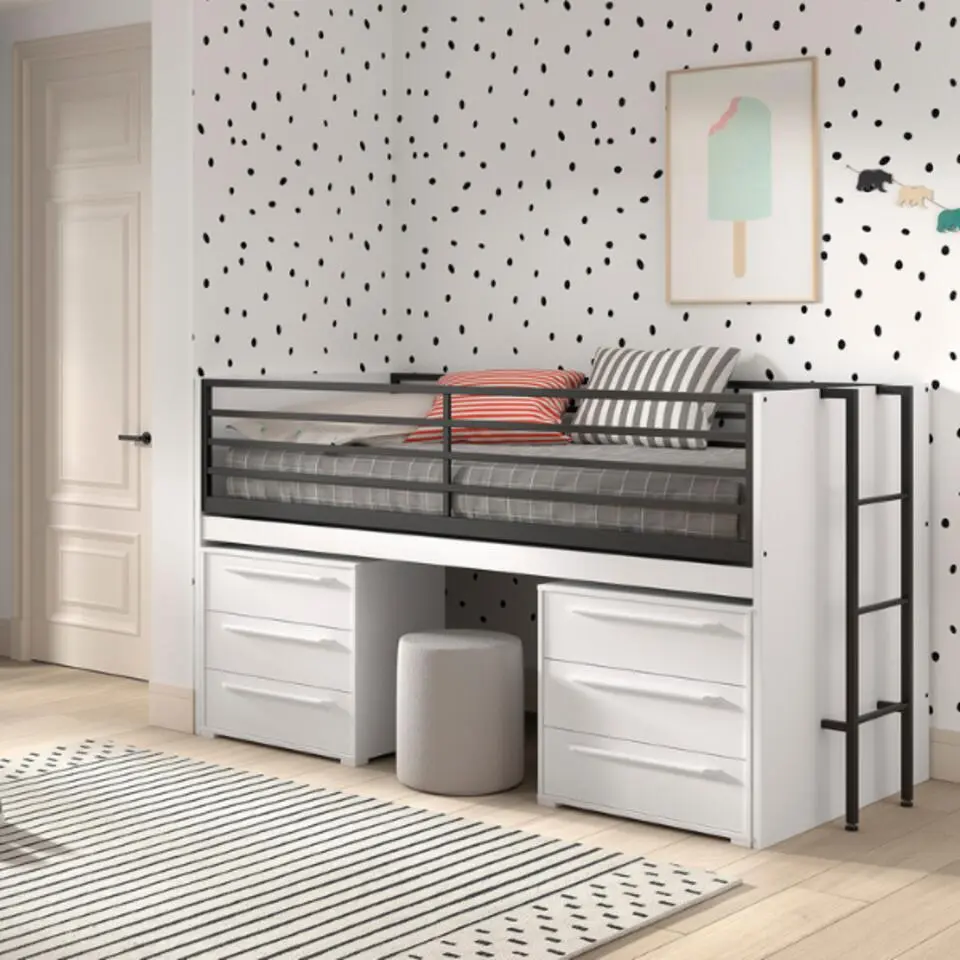 Halfhoogslaper Sammie 90x200cm - met bureau en ladekasten - wit