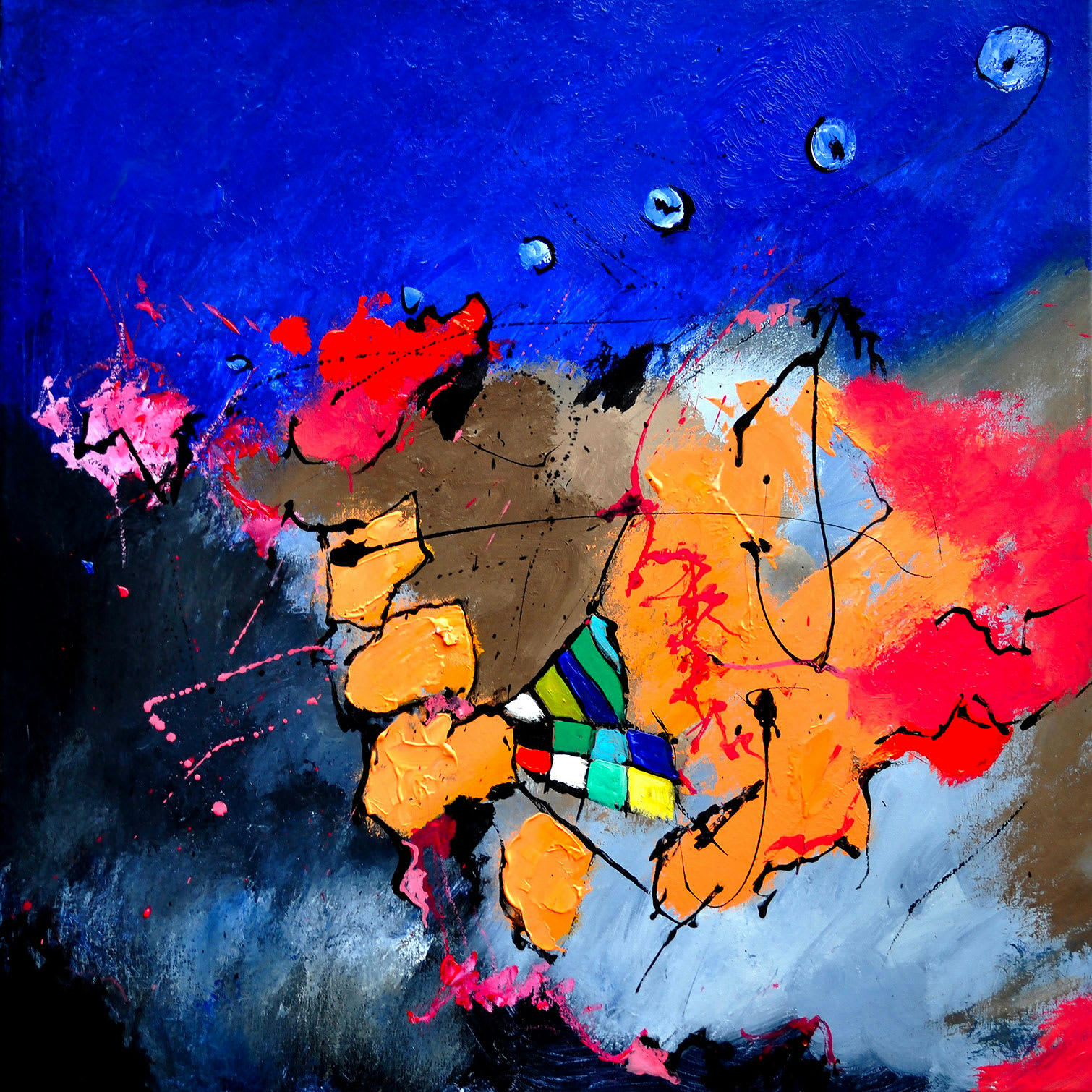 - Tableau abstrait jeu de couleurs imprimé sur toile 100x100cm