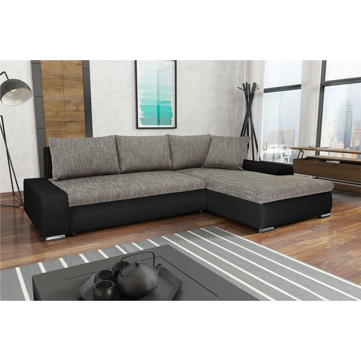 - Canapé d'angle convertible droit 4 places gris et noir