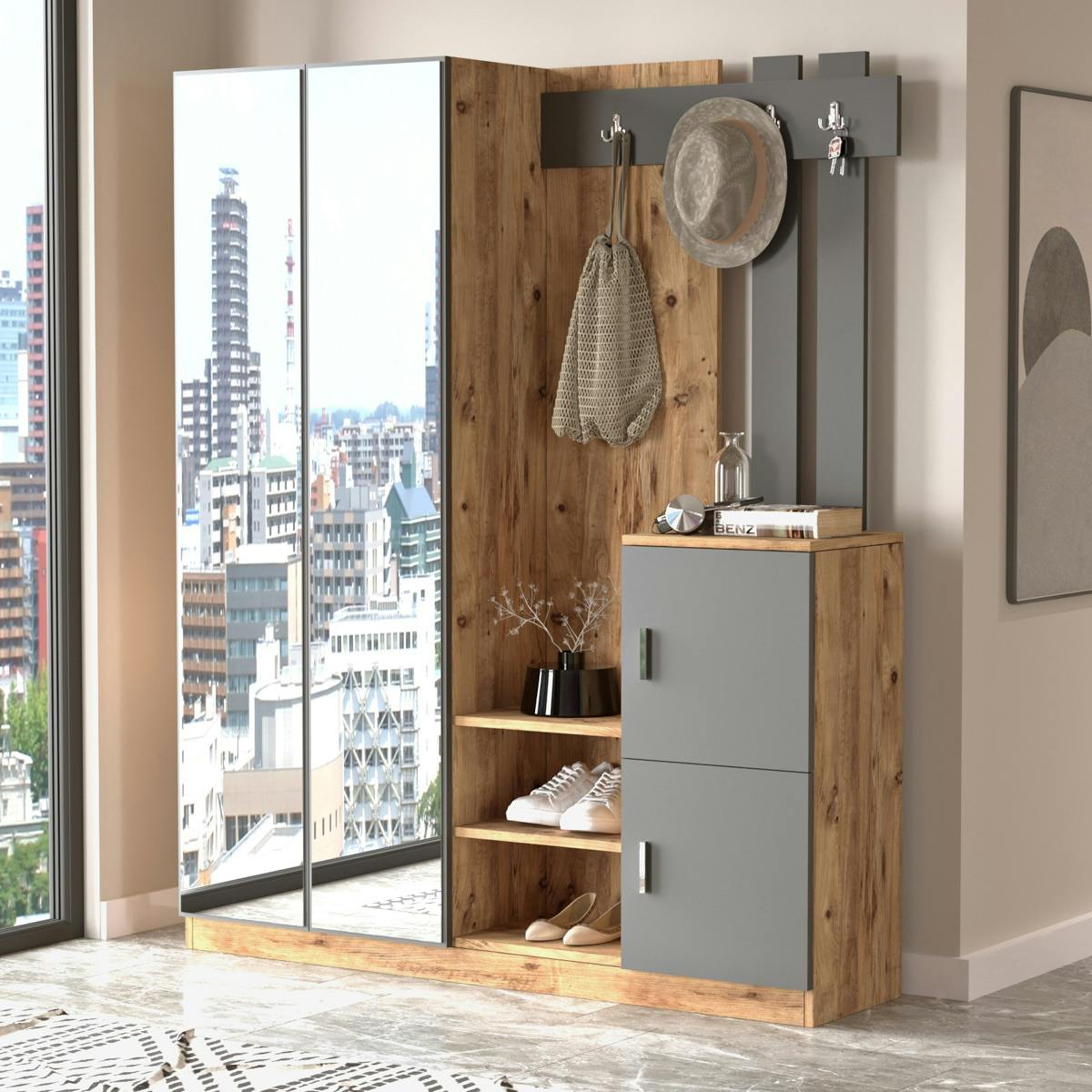 Grand vestiaire d'entrée décor gris et bois 1 miroir JENA