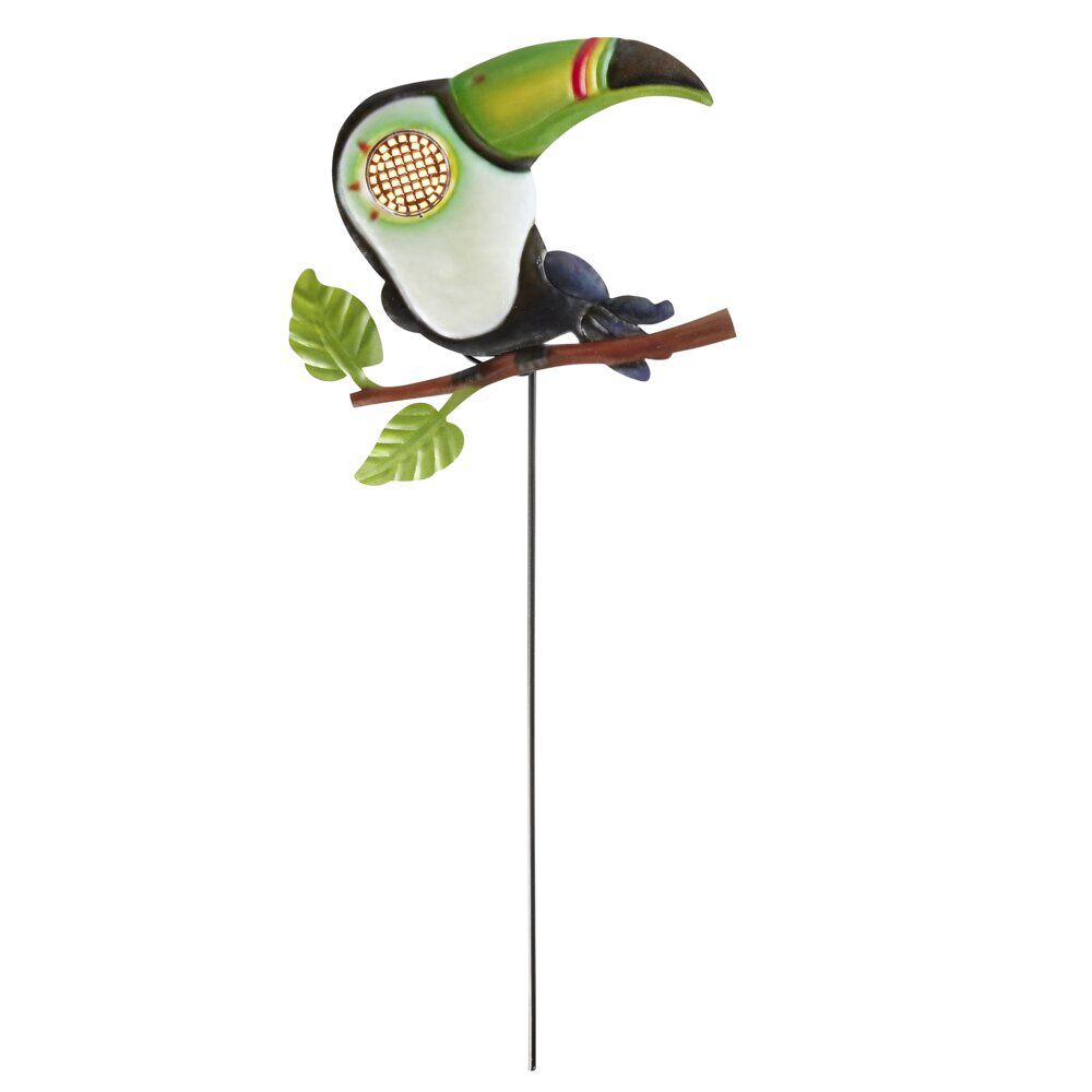 Piquet solaire à planter oiseau toucan animé oeil LED blanc chaud H48cm