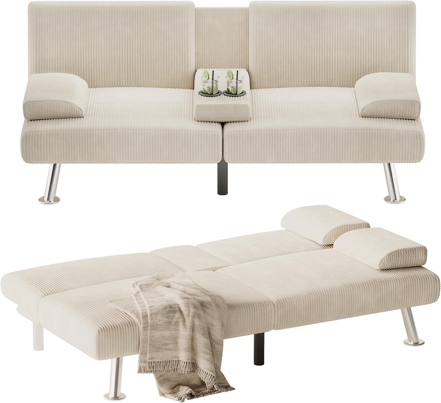 Flamaker Futon Sofa Bed Corduroy Folding Couch Adjustable Sleeper Sofa Bed for Small Apartment Upholstered Living Room Furniture Set with 2 Cup Holders Removable Armrests (Corduroy, Beige)
