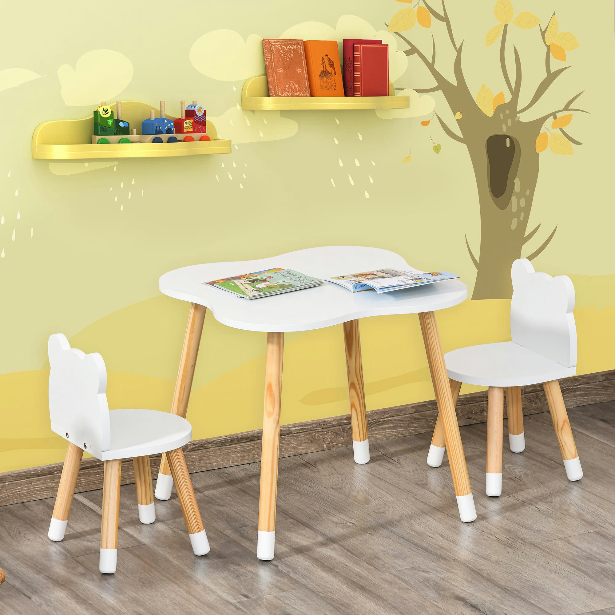 - Ensemble scandinave table et chaises enfant motif ourson bois blanc