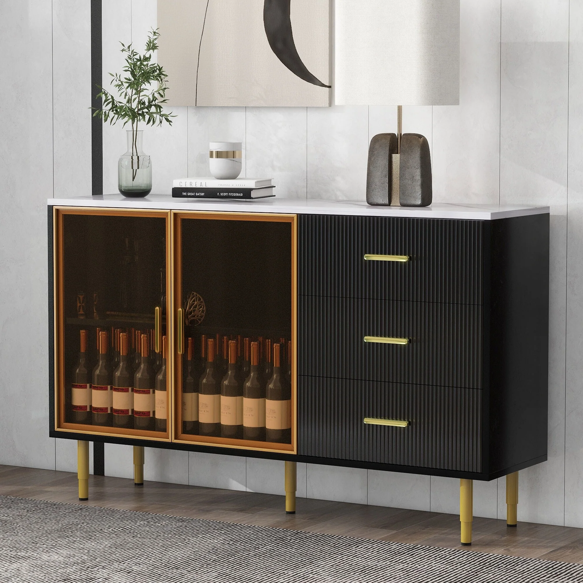 Modern Cabinet with Tempered Glass Doors, Three Drawers and Adjustable Shelves