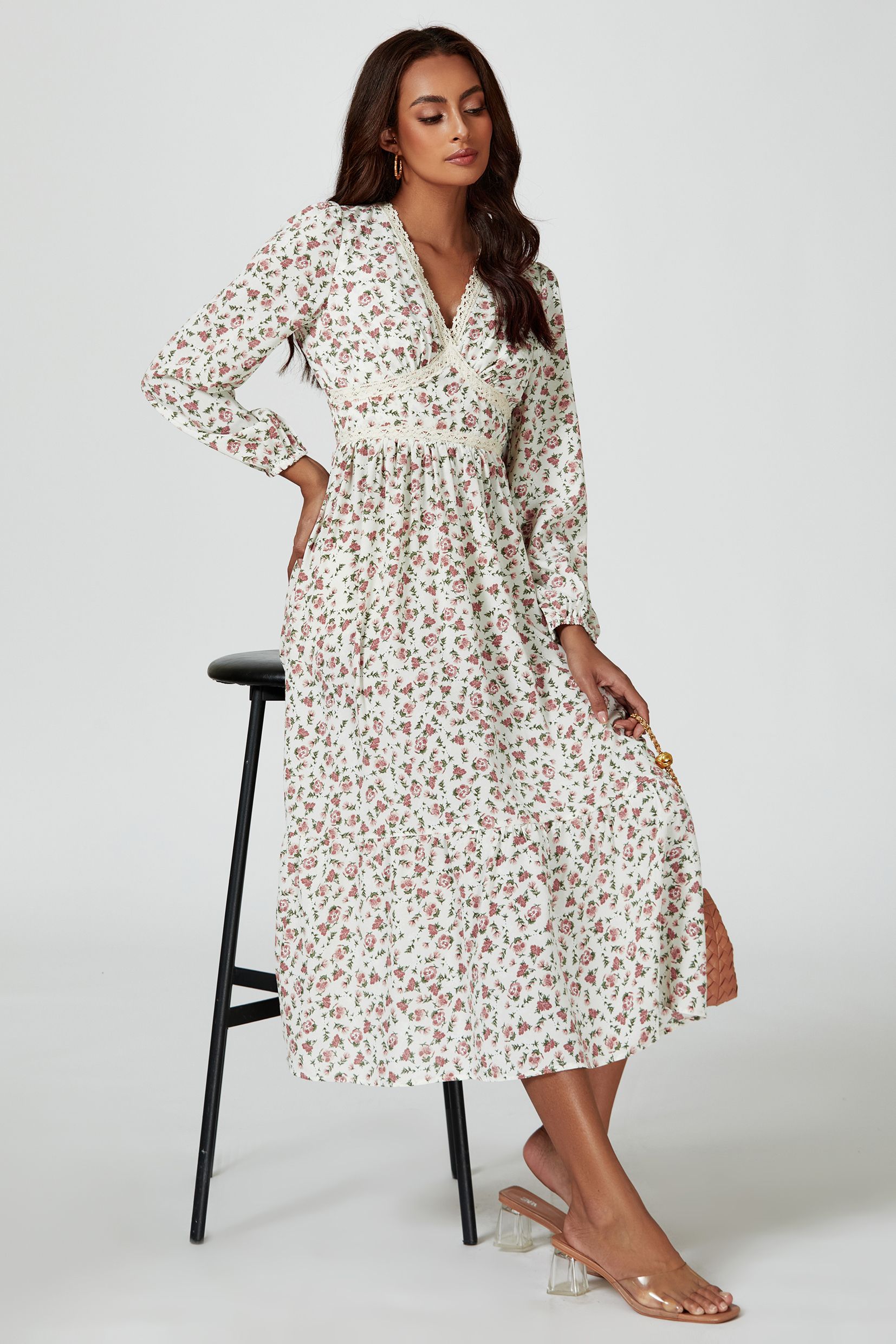FS Collection Floral Print Long Sleeve Midi Dress In White