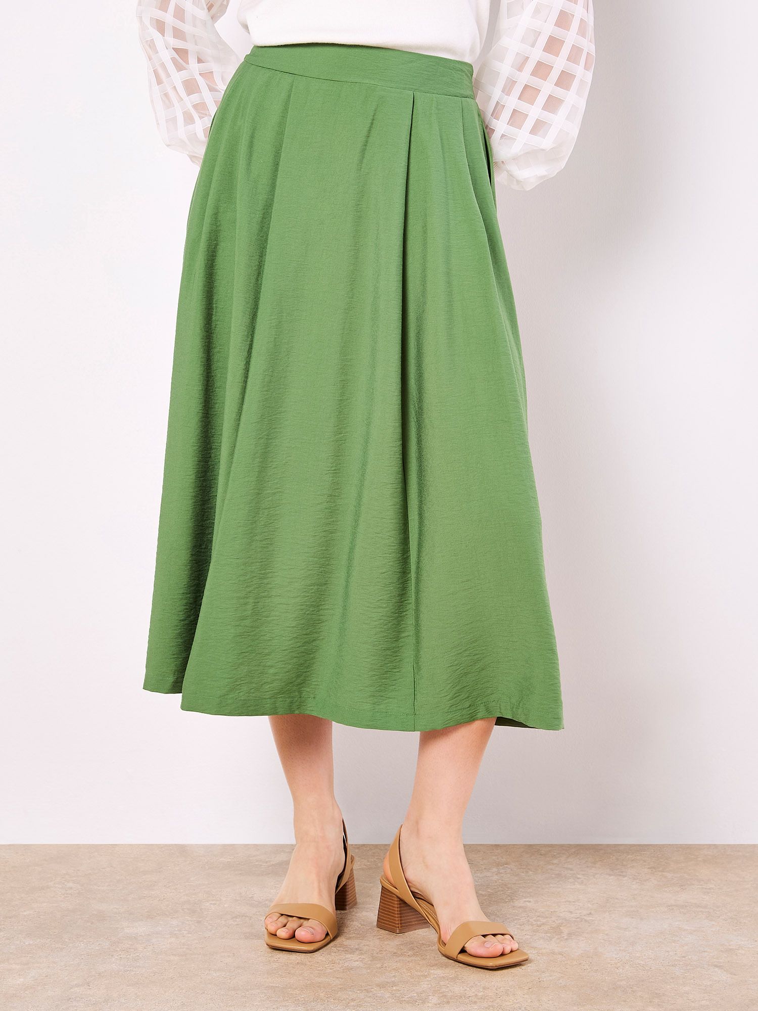 Apricot Pleated A-Line Midi Skirt