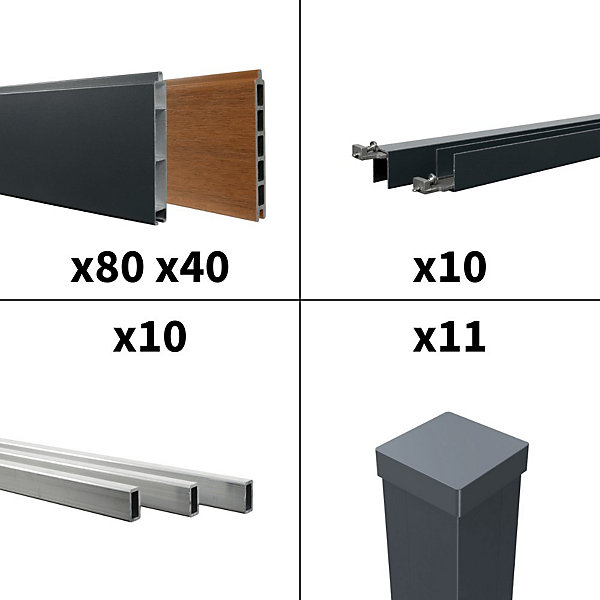 Kit Clôture Aluminium BAHIA &CRUZ Teck 18,33x1,8m - Bois Composite &Aluminium - Poteaux Gris - Brise Vue - Palissade