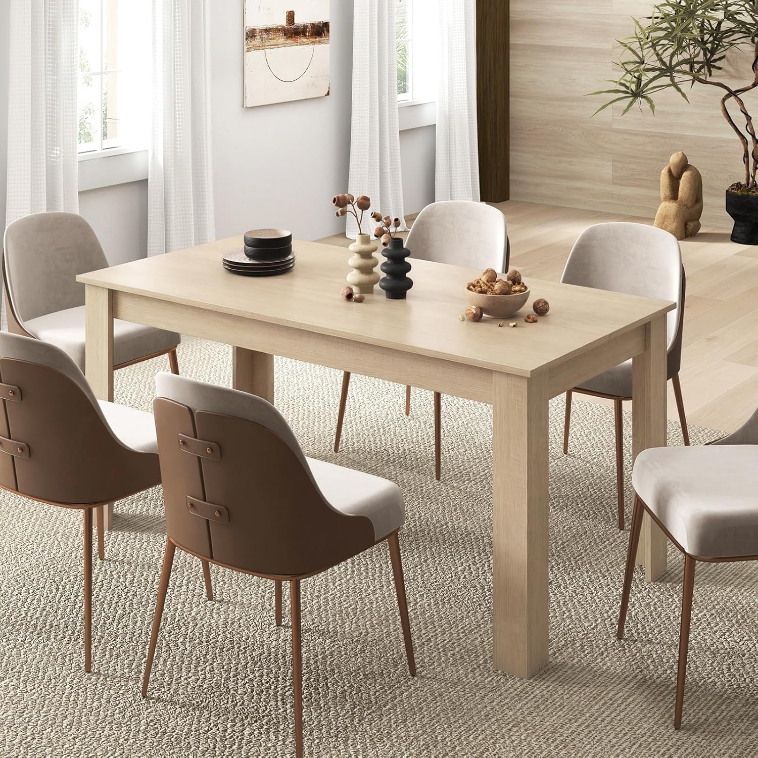 Giantex Dining Table for 4-6, 63 L Large Farmhouse Kitchen Table, Wooden Rectangular Dinner Table for Living Dining Room, Home Office, Dinette, 330LBS Capacity, Natural