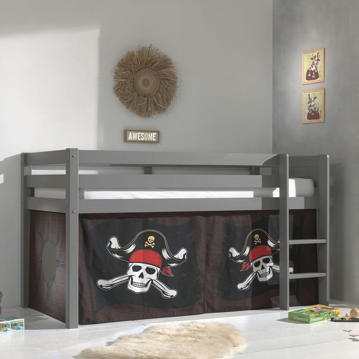 PINO - Lit mi-hauteur 90x200 sommier inclus housse pirate gris