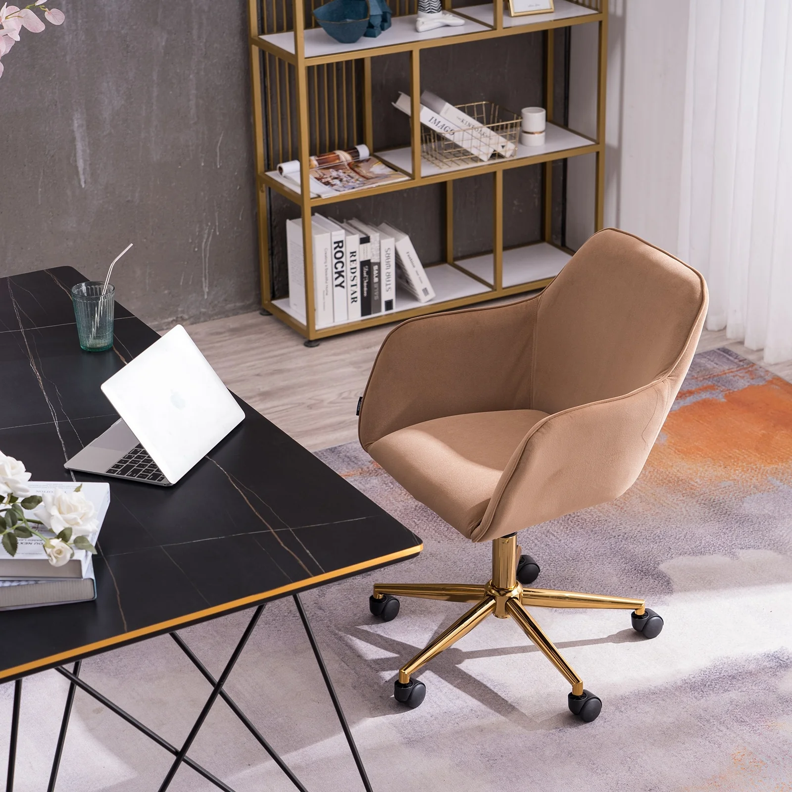 Home Office Chair with Gold Metal Legs and Universal Wheels for Indoor