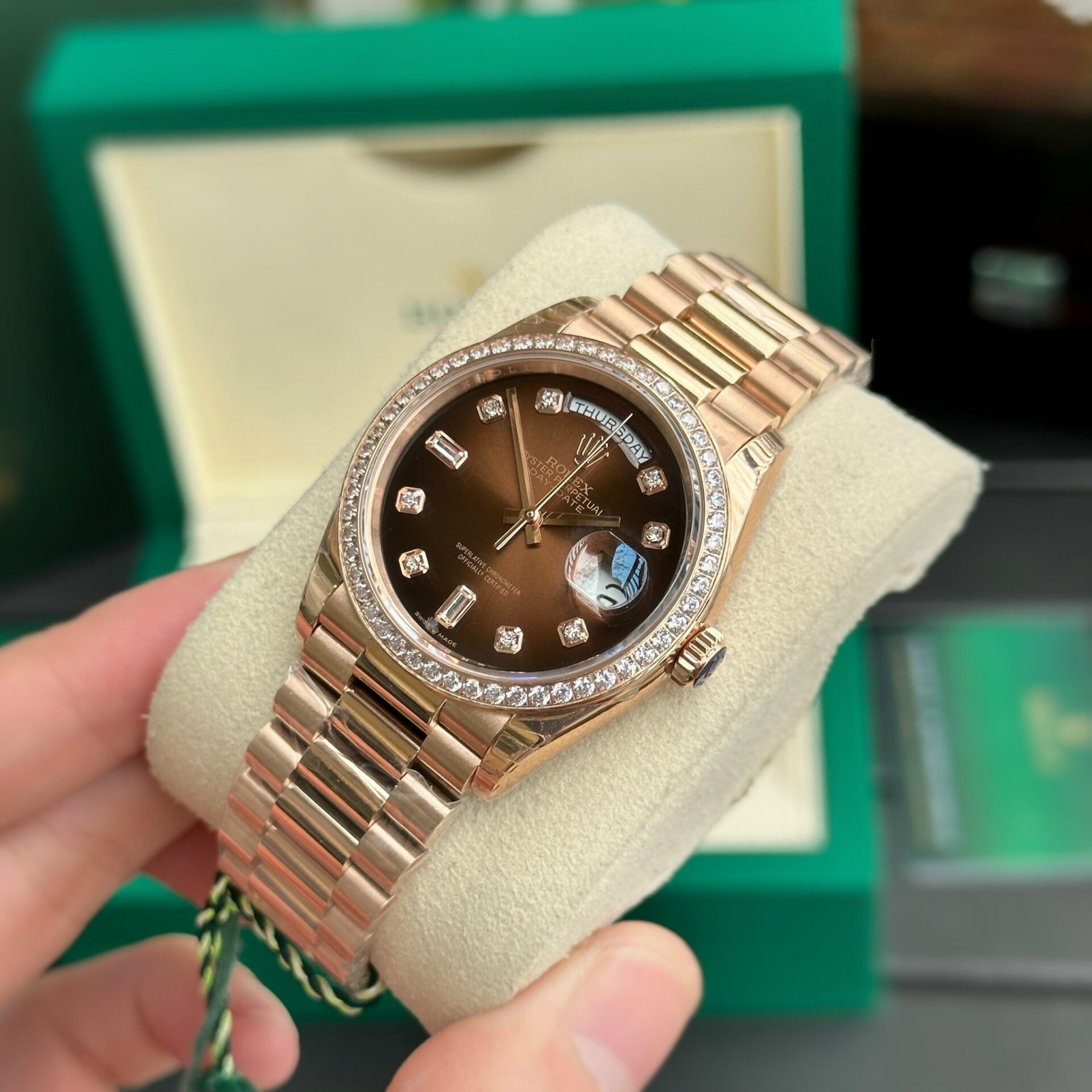 Rolex Day-Date RG Plated Chocolate Dial CZ Diamonds 36mm Replica