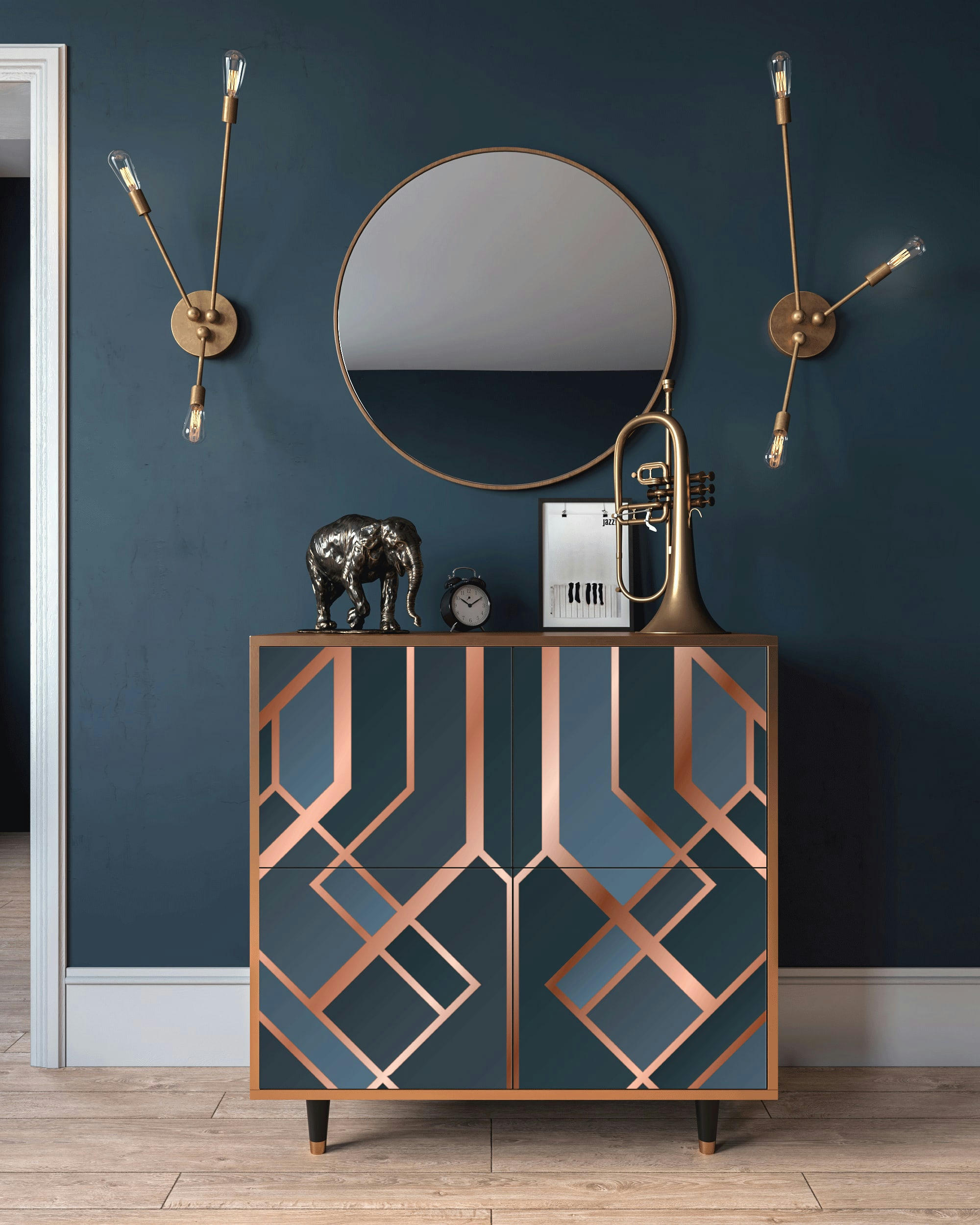 ASHY 1920' - Buffet  bleu-vert 4 portes L 94 cm