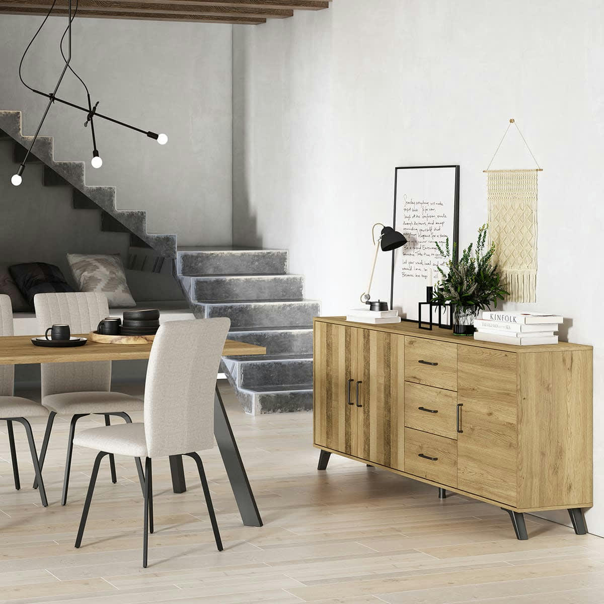 INARI - Buffet 3 portes 3 tiroirs effet bois 180 cm