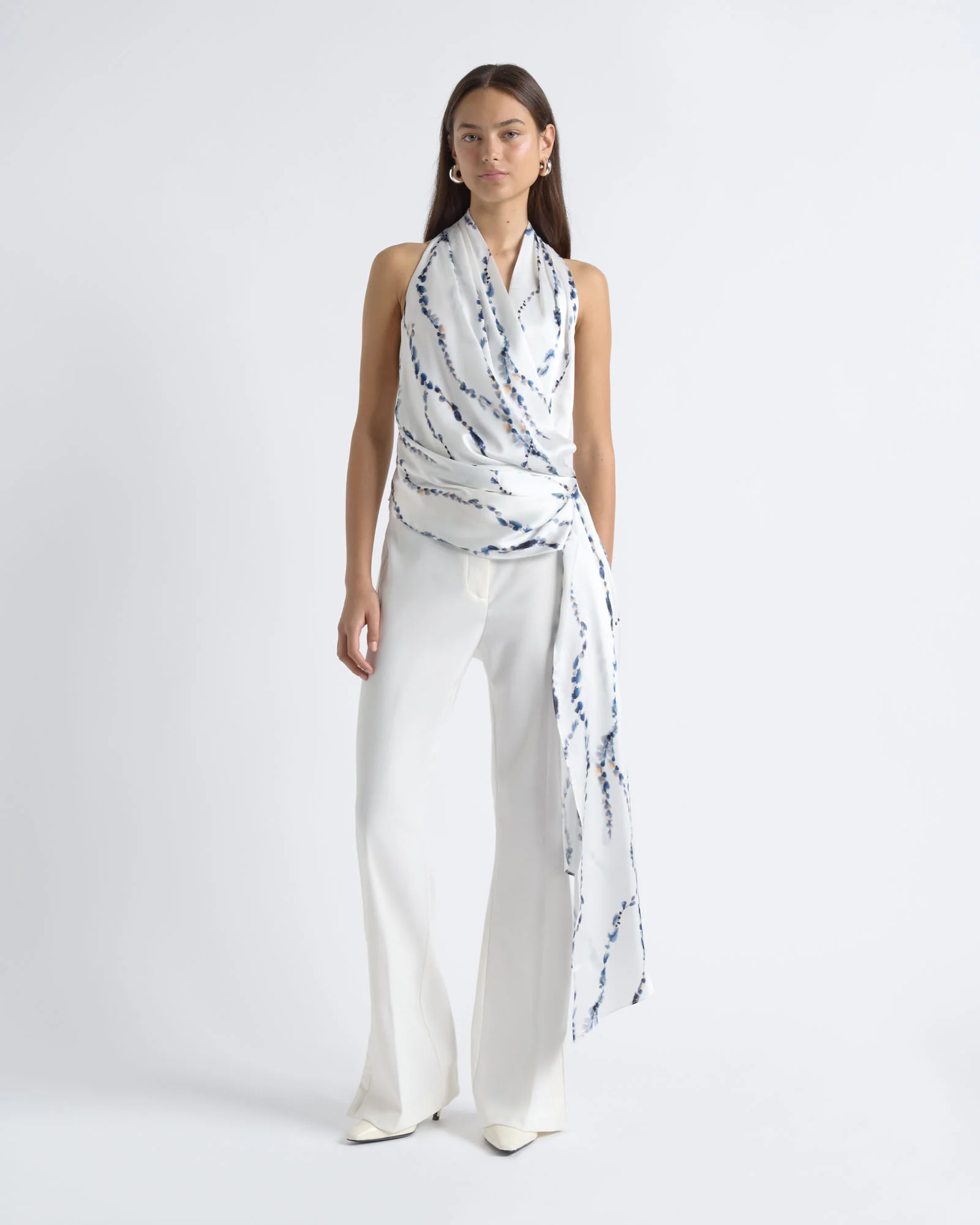 Satin Abstract Print Drape Neck Top