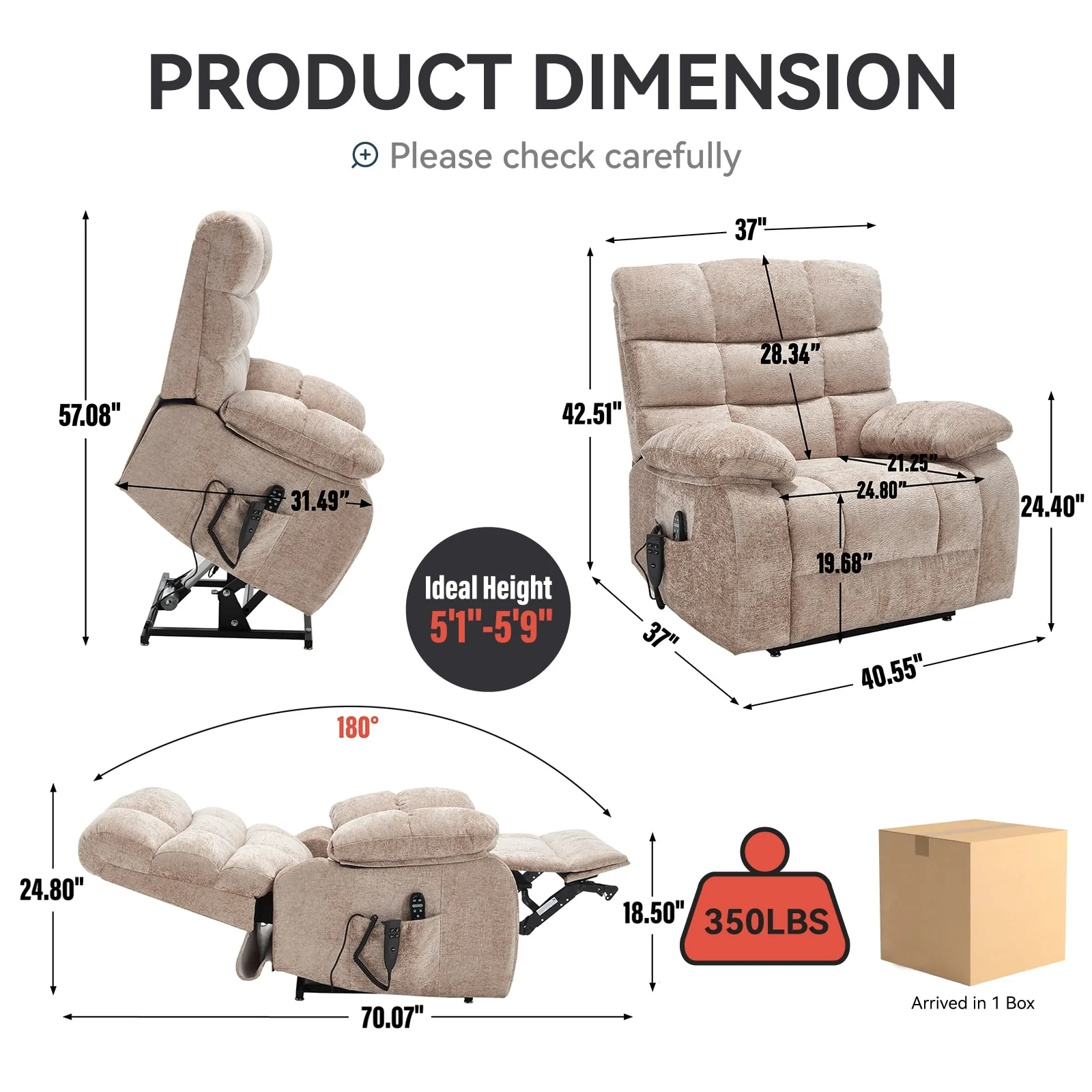 Oversized Power Lift Recliner with Dual Motors, Heat & Massage, Infinite Recline (350LBS Capacity), Remote Control