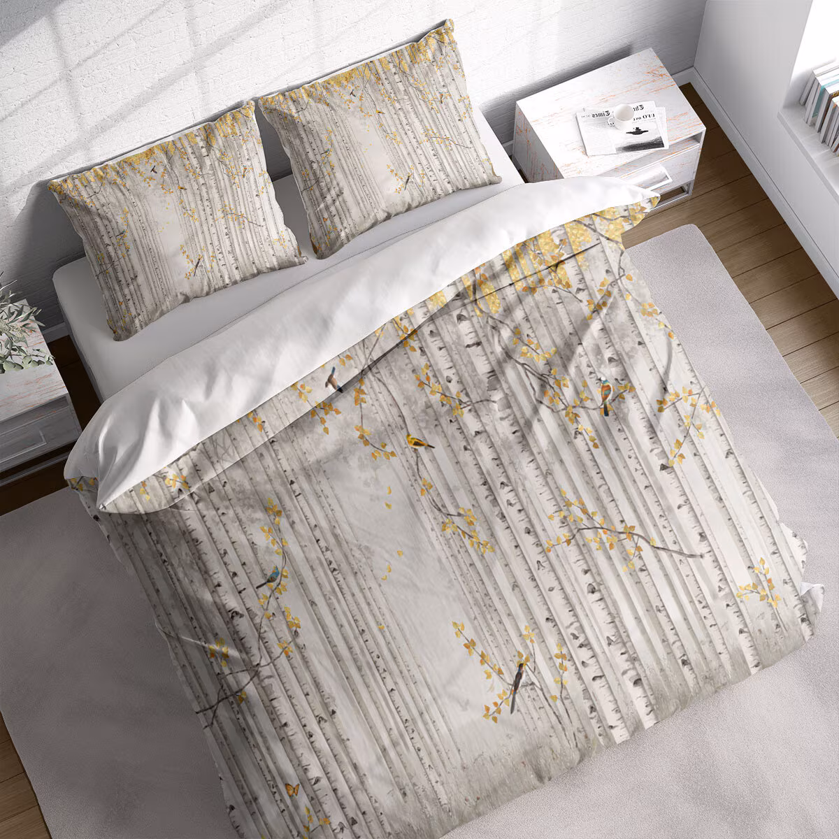White Birch Forest and Birds Duvet Cover Set, Nature Botanical Bedding Set, Quilt Cover, Comforter Cover, Single Double Full Queen King Size