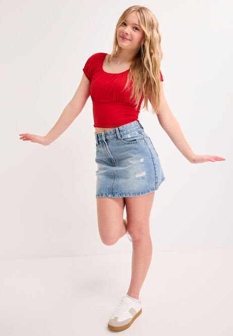 Older Girls Red Gathered Puff Sleeve Top
