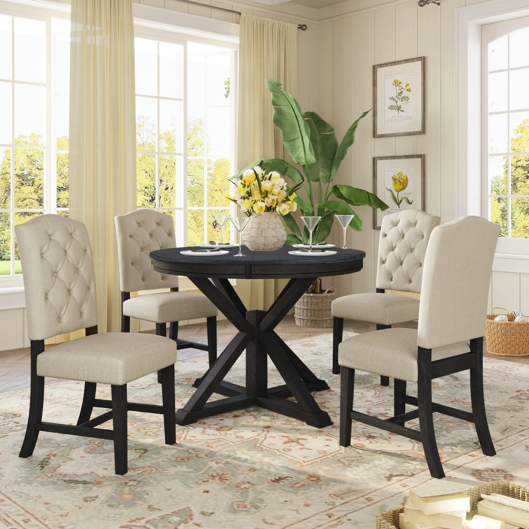 Functional Furniture Retro Style Dining Table Set with Extendable Table and 4 Upholstered Chairs
