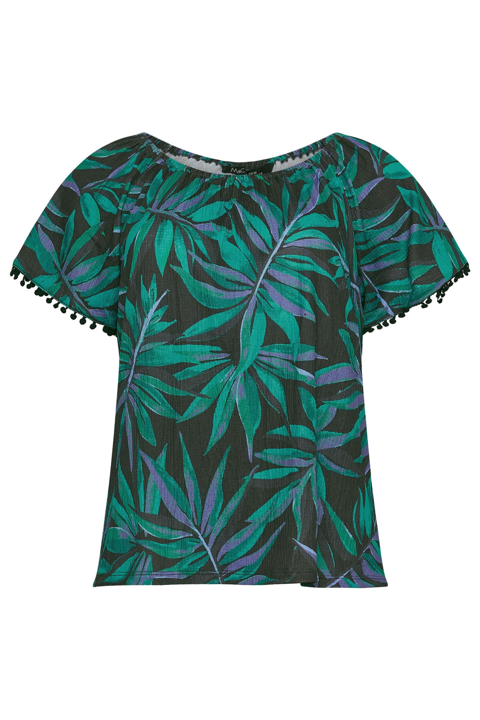 M&Co Leaf Print Boat Neck Bobble Top