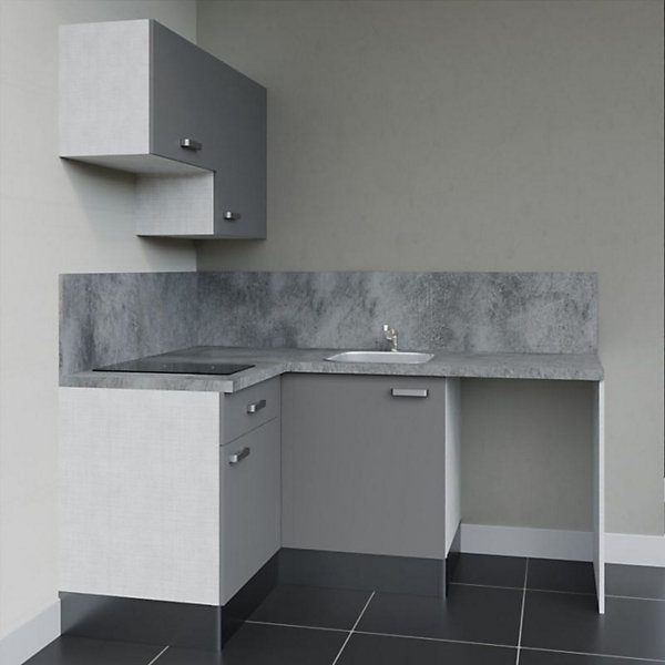 Kitchenette KA02 - 128 cm - Façades : Gris - Plan de travail : Gris béton - Crédences : Oui - Evier