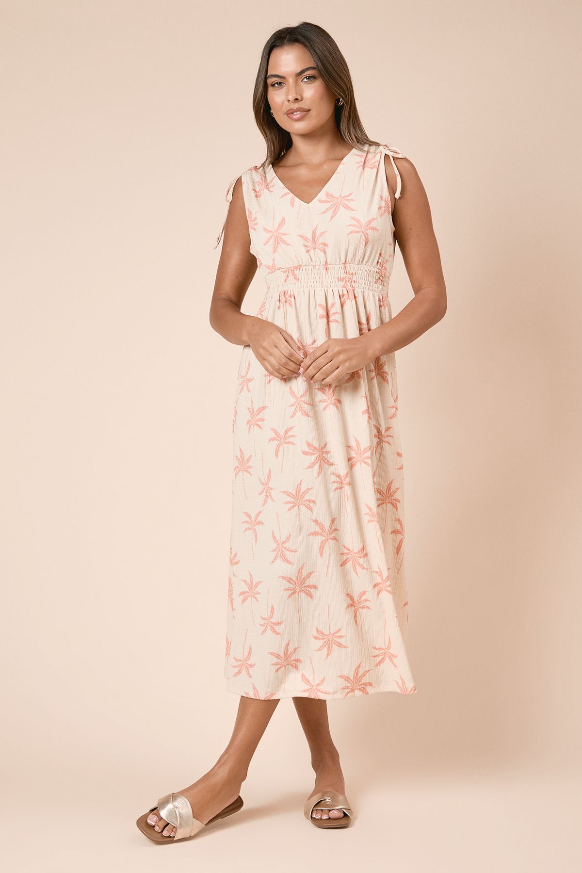 Dorothy Perkins Cream Palm Tie Shoulder Shirred Waist Jersey Midi Dress