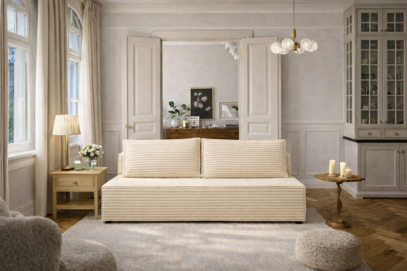Sofa z funkcją spania i przechowywania, sofa DUO, tkanina Velo, Ecru