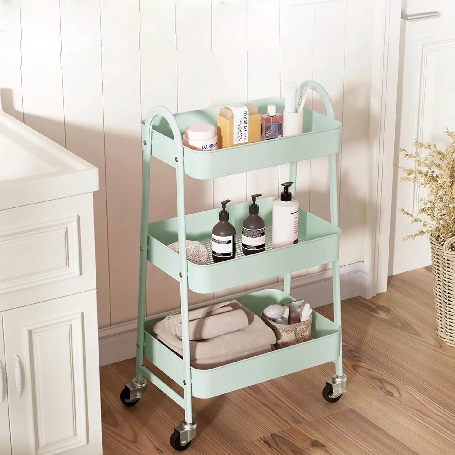 3 Tier Utility Rolling Cart, Metal Storage Cart, Storage Organizer Trolley for Kitchen, Living Room, Office, Garage