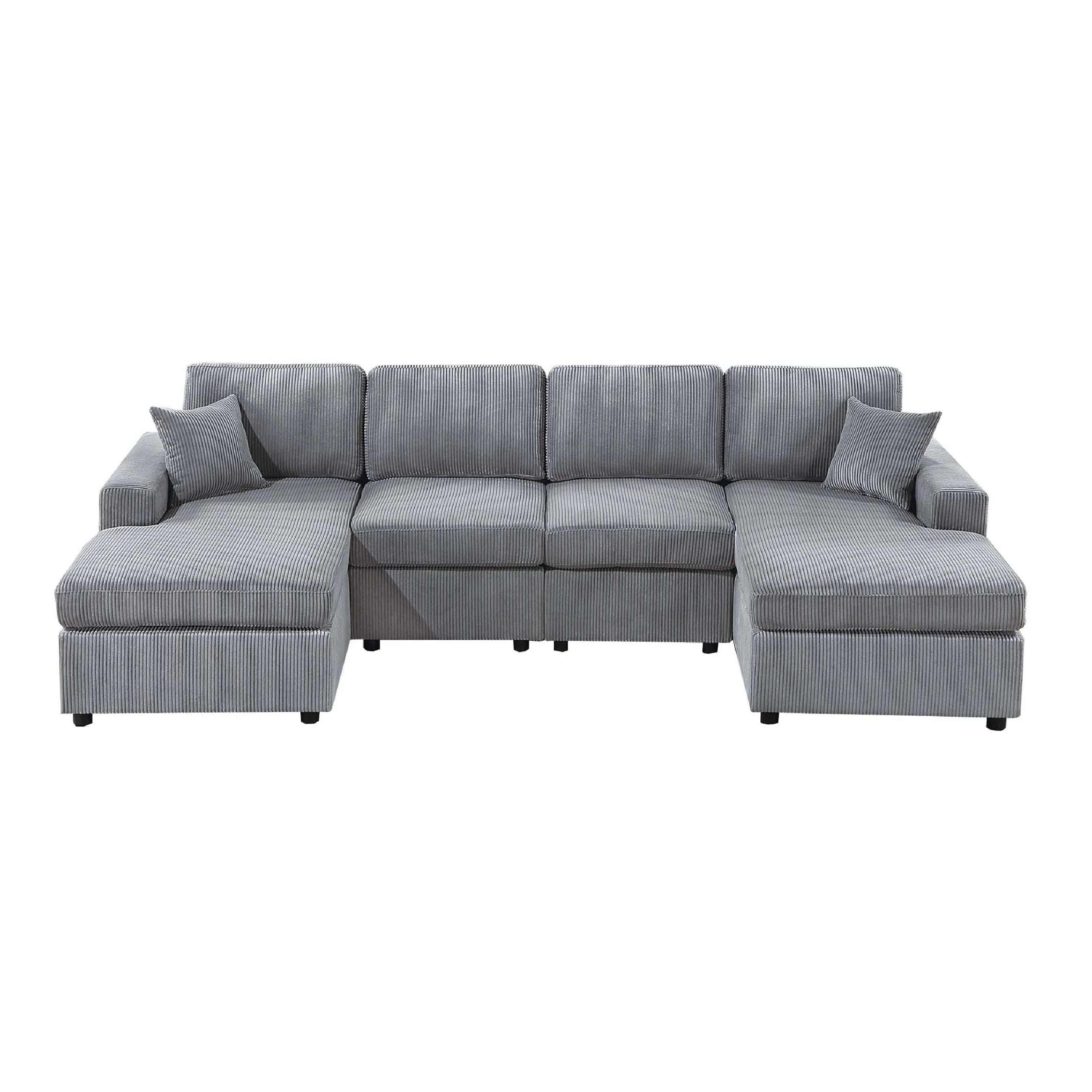 Iny U Sectional Sofa Chaise Armless Chair Set, 2 Pillows, Fog Gray