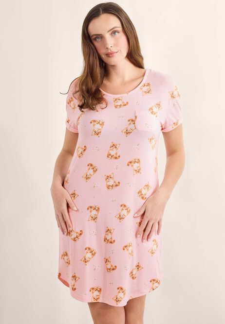 Womens Pink Cat Print Soft Touch Nightdress
