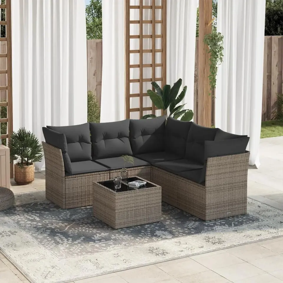 vidaXL Loungeset met kussens en tuintafel voor 5 personen - Grijs - Poly Rattan