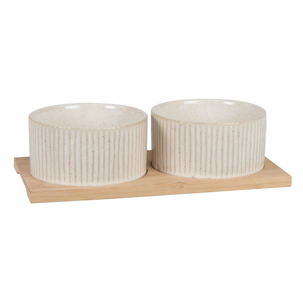 ARON - Gamelles en grès (x2) et support en bambou