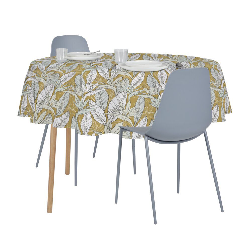 Nappe ronde tissu motif feuillage jaune curry et blanc Ø160cm