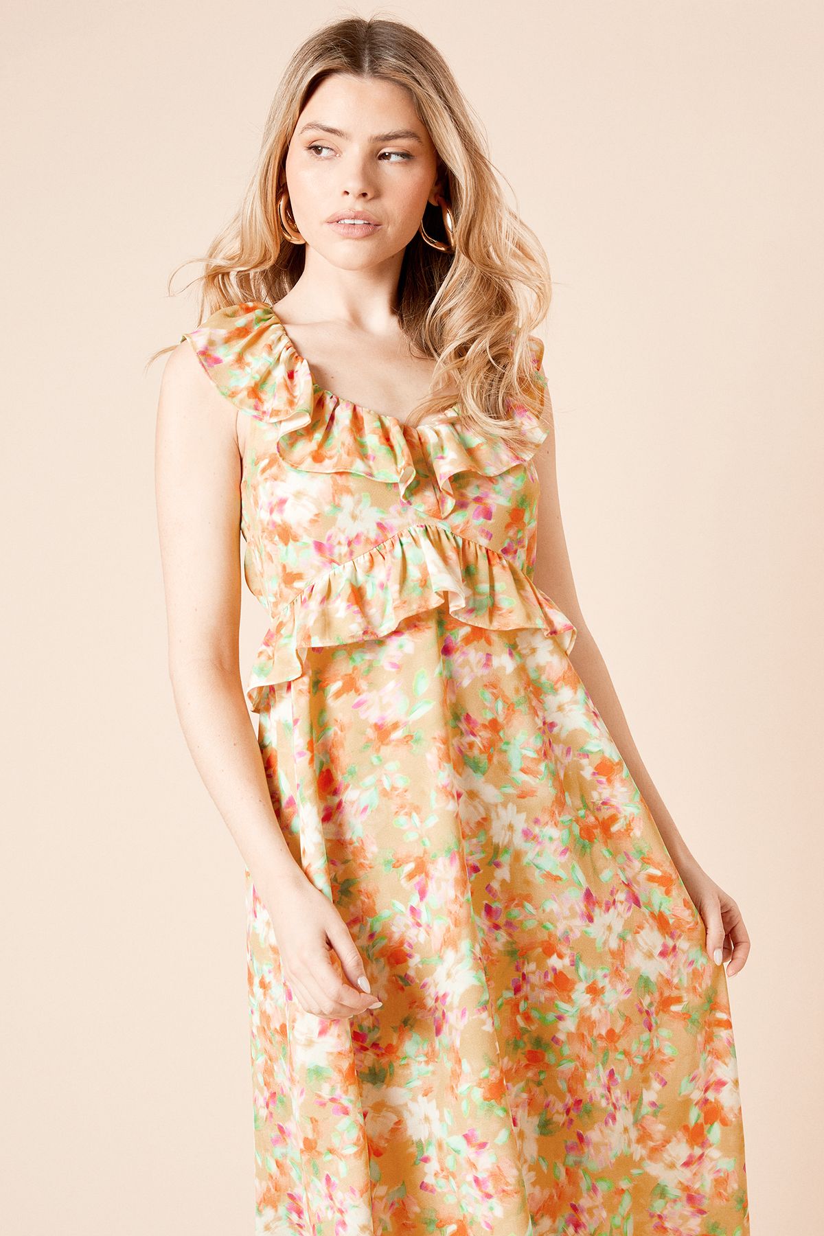 Dorothy Perkins Floral Frill Neckline Tie Back Midi Dress