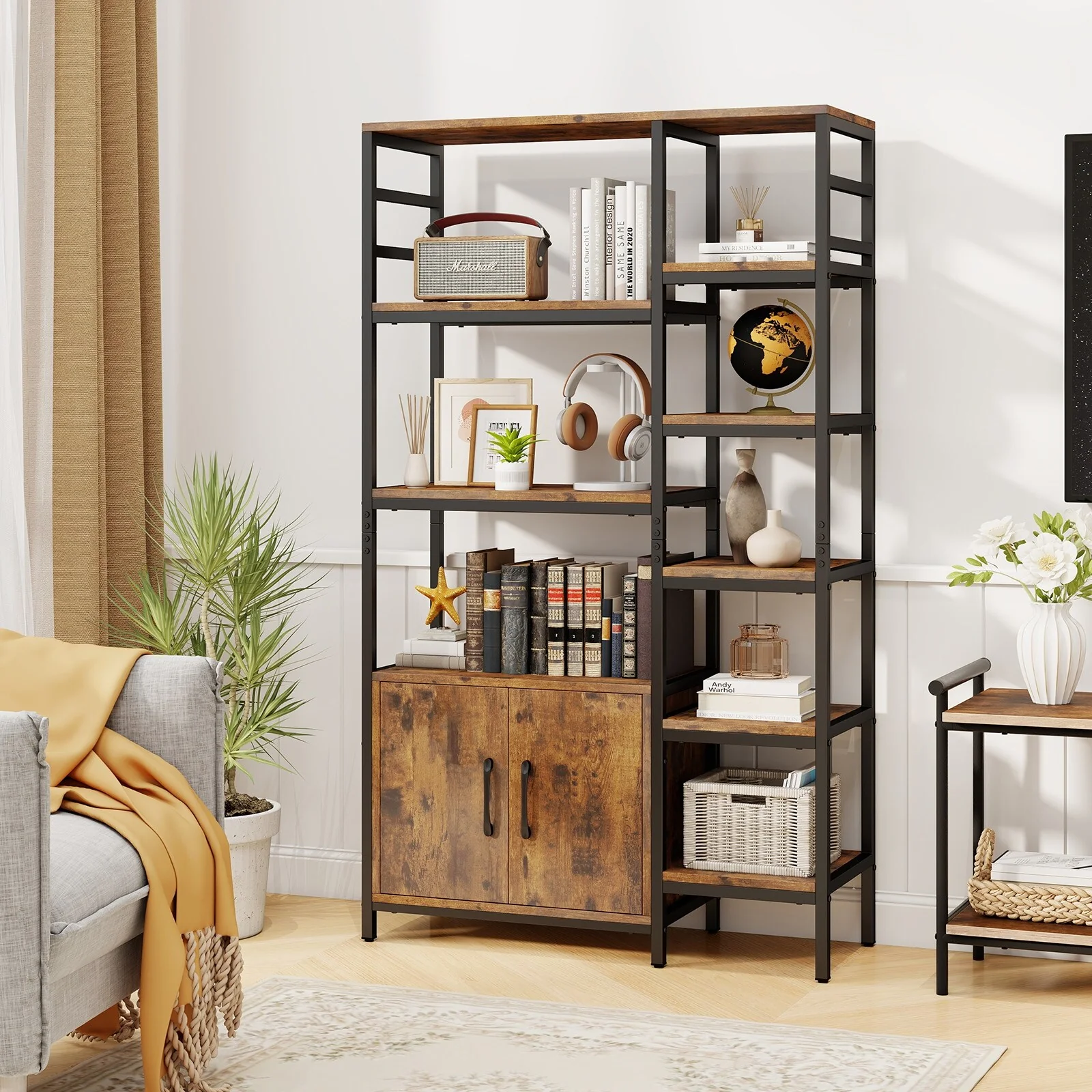 Rustic Brown Metal and Wood 8-Tier Bookshelf with Cabinet and Anti-Tip Kits - 32.5 L x 12 W x 55.5 H