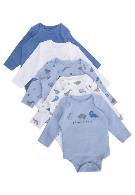 Baby Boys 5pk Blue & White Dino-Roar Bodysuits