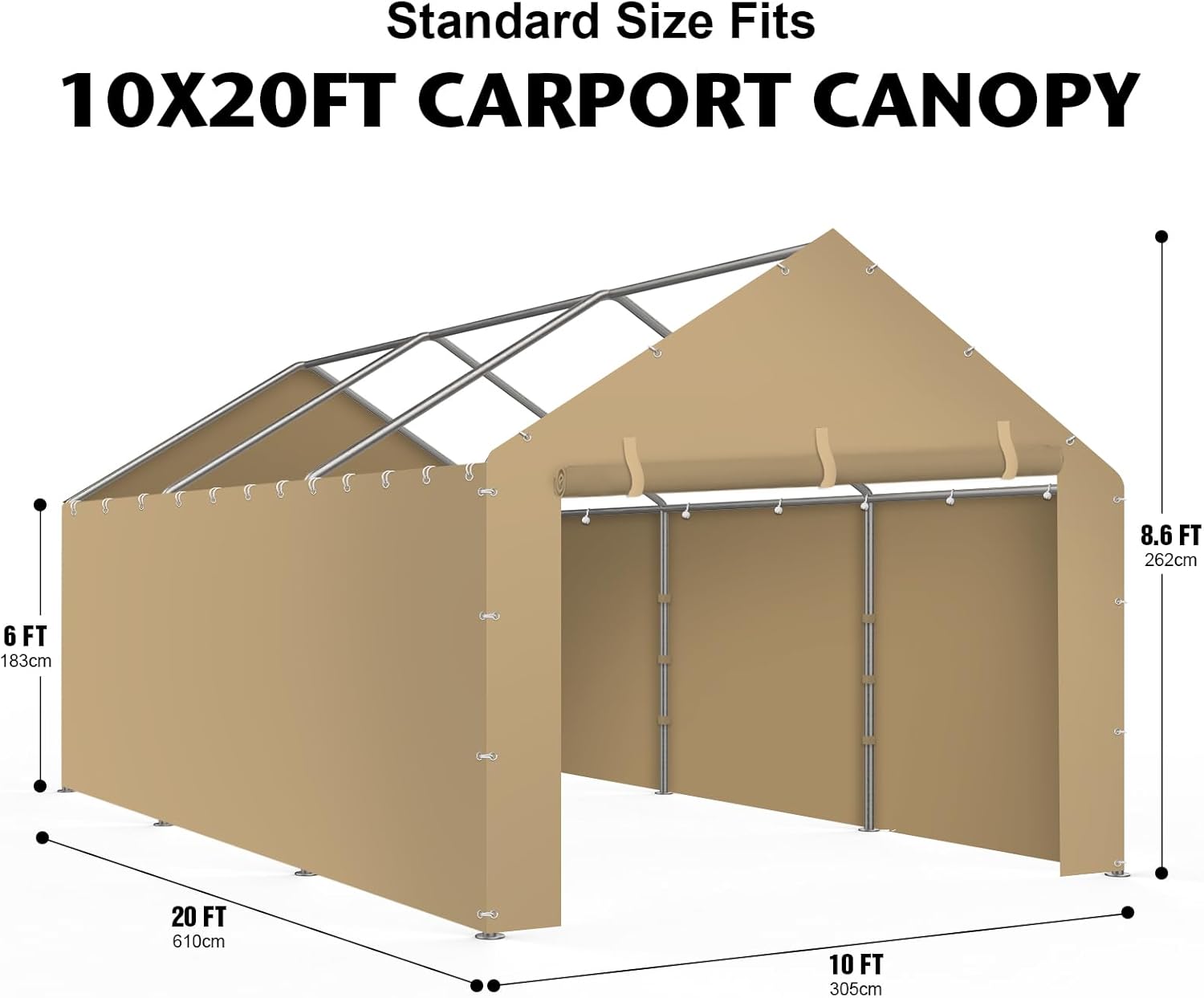 Carport Canopy Tent Sidewalls for 10x20x8.6FT Car Garage with Ball Bungees, Heavy Duty Portable Shelter Logic Replacement Covers (Frame is not Included) (Khaki)