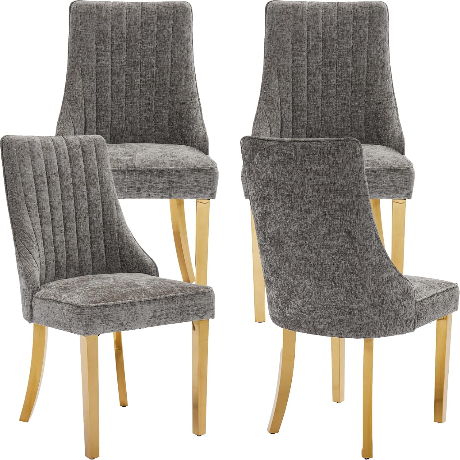 Mid Century Modern Dining Chairs Set of 4, Gray Chenille Fabric Upholstered Kitchen & Dining Room Chairs Set of 4, Kitchen Chair with Gold Legs, Sillas de Comedor (Grey, 4 Pcs)