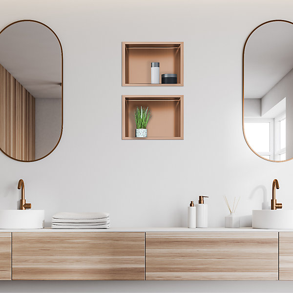 Balneo Niche murale de douche 30x20x10cm, étagère encastrable douche acier inox, finition cuivre, WALL-BOX ONE