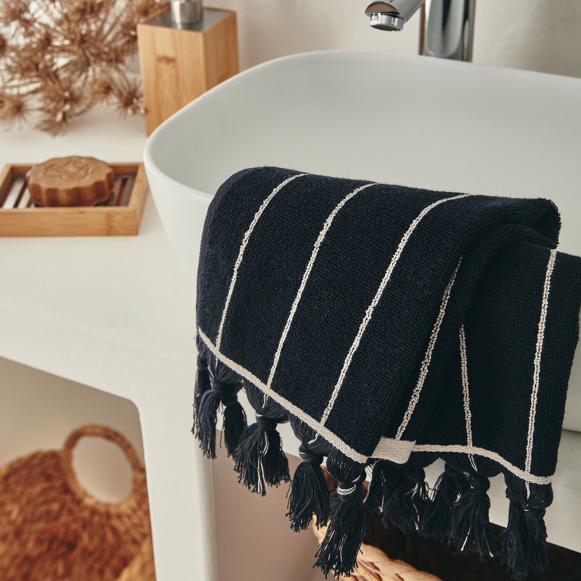 PISELLI - Linge de toilette rayé en coton - noir