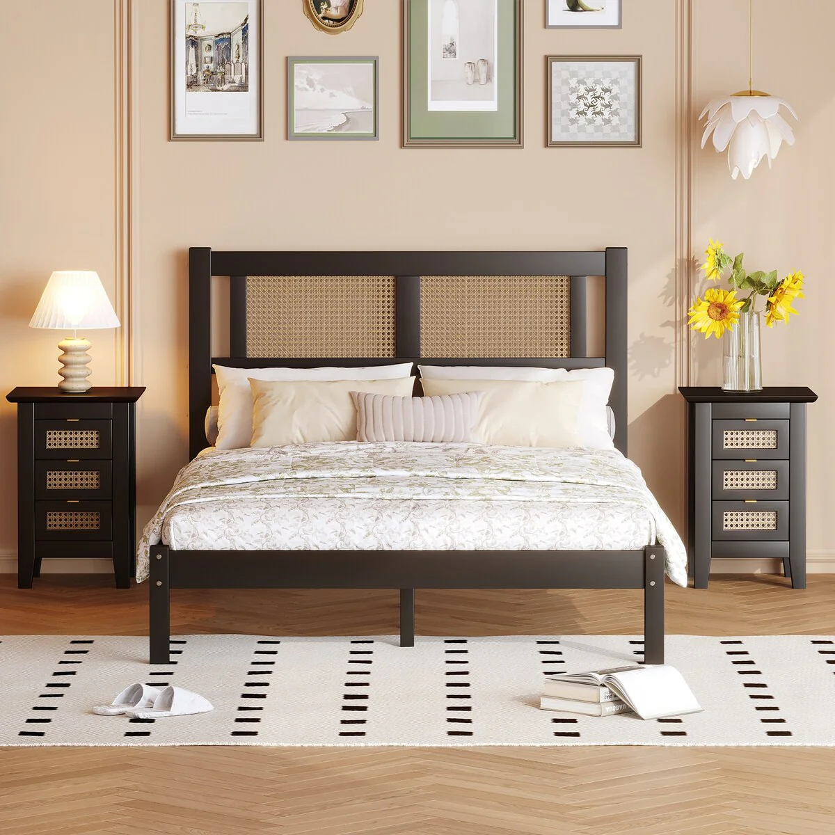 3-Pieces Bedroom Sets Full Size Wooden Platform Bed with Rattan Headboard, Nightstands Set of 2 with Rattan-Woven Surfaces
