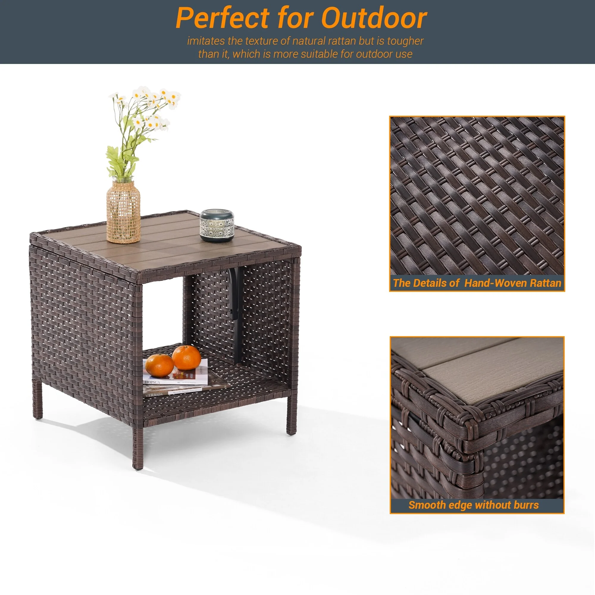 LIVOOSUN Patio HIPS Side Table, Square Coffee Table,Rattan End Table