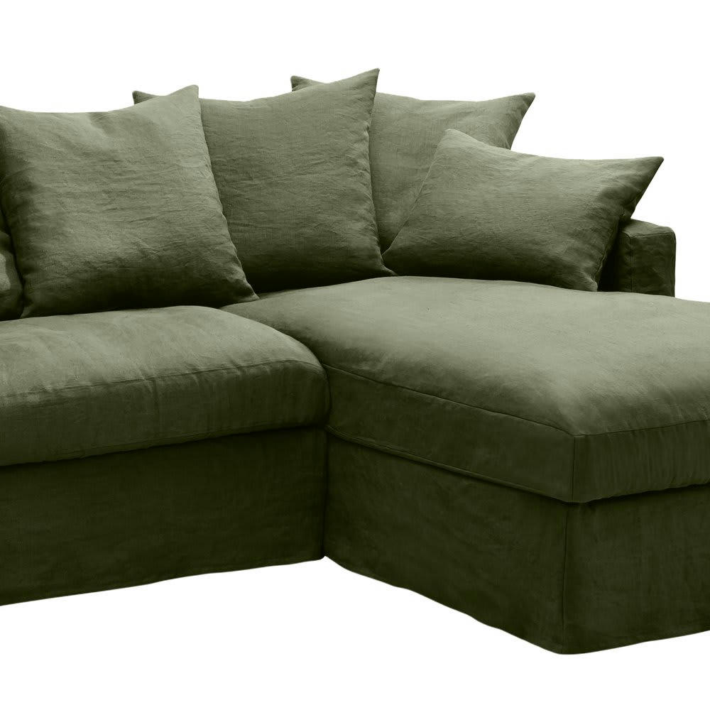 PERUGIA - Canapé d'angle à droite en tissu lin vert - PERUGIA