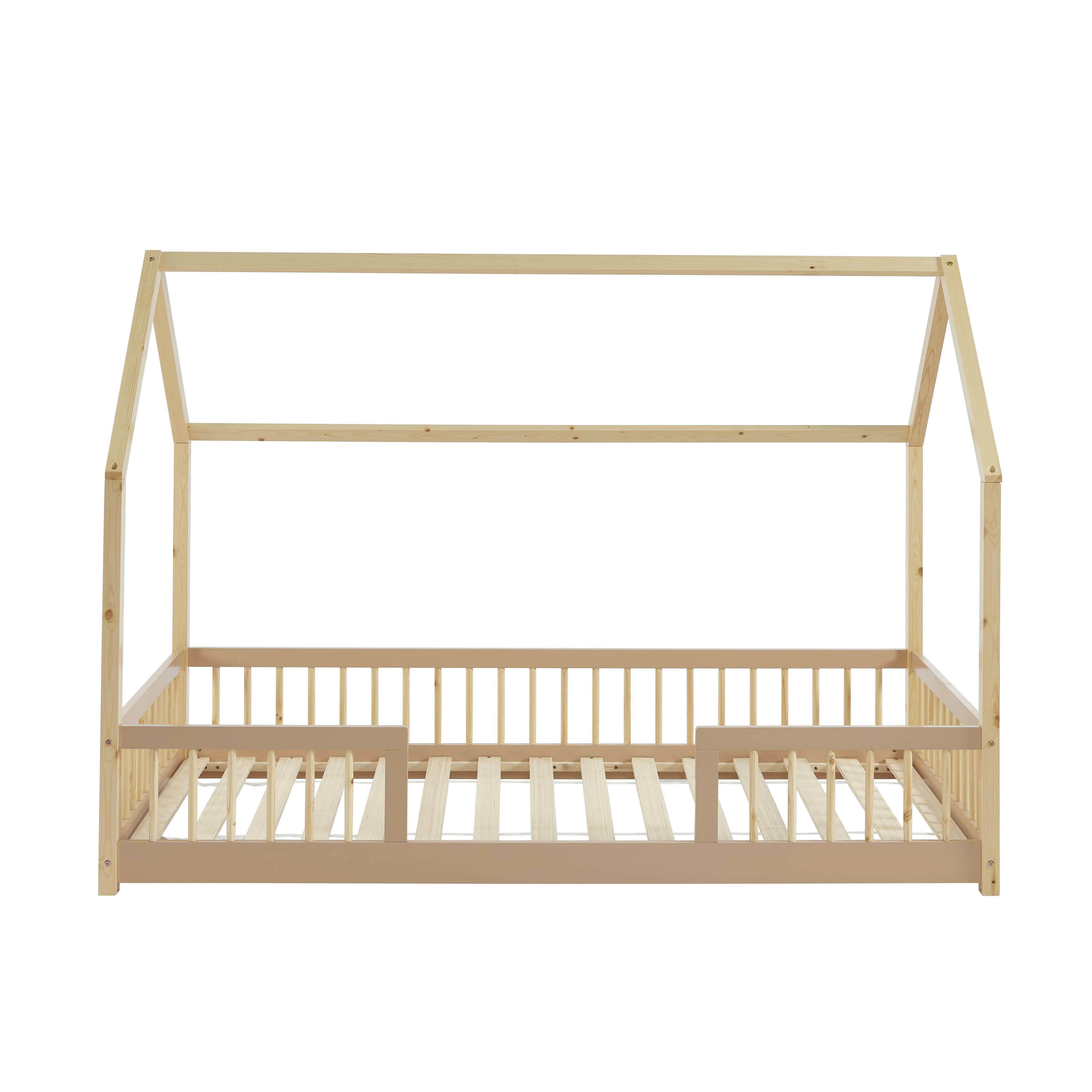 TINY - Lit cabane avec barrières  pin et rose 90x190cm sommier inclus