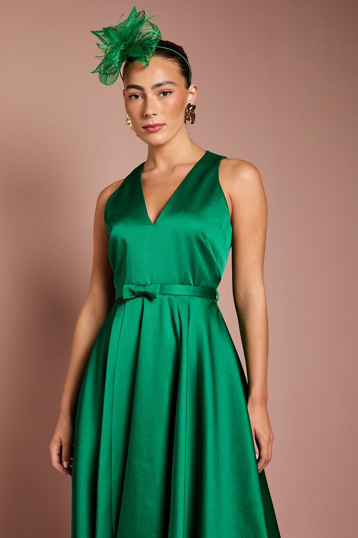 Coast Bow Trim V Neck Volume Skirt Midi Dress