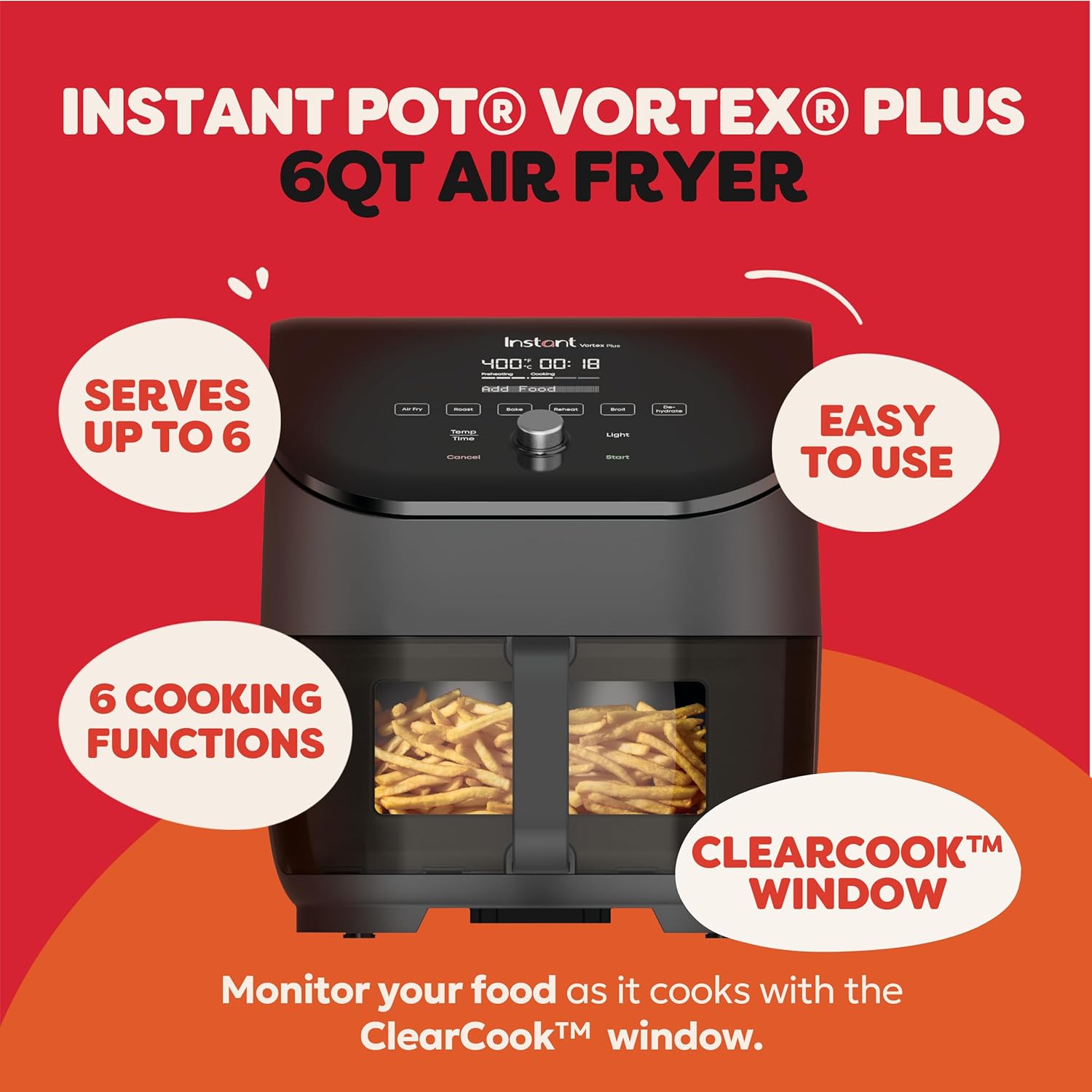Instant Pot Vortex Plus 6QT ClearCook Air Fryer, Clear Windows, Custom Program Options, 6-in-1 Functions, Crisps, Broils, Roasts, Dehydrates, Bakes, Reheats, from the Makers of Instant Pot, Black