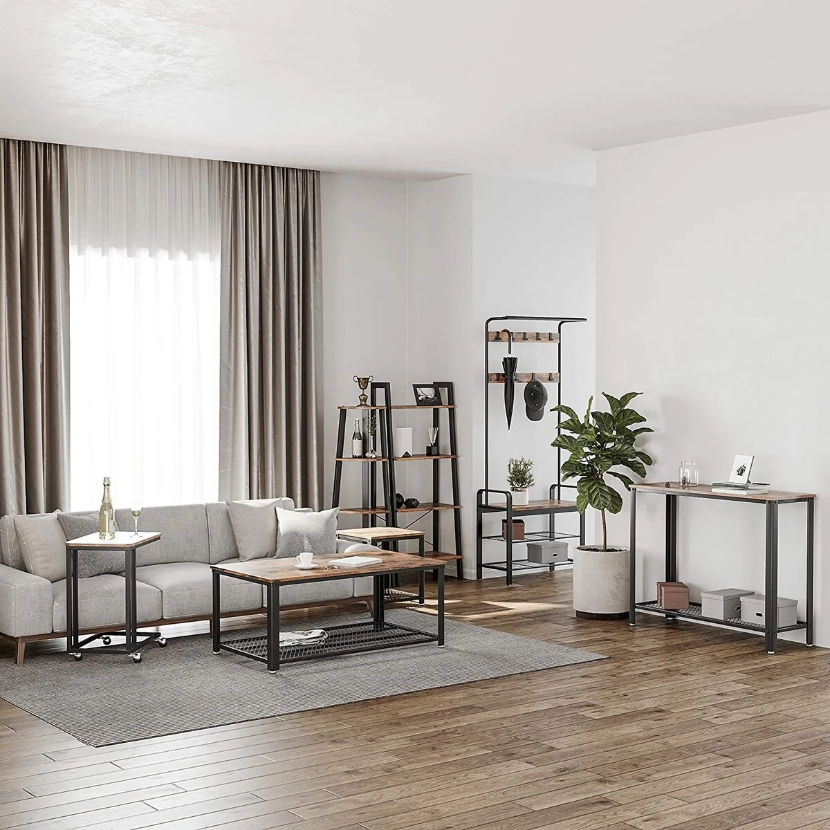 Coat Rack, Shoe Bench, Hall Tree with Storage Shelf for Entryway, Industrial Accent Furniture with Steel Frame, 3-in-1 Design