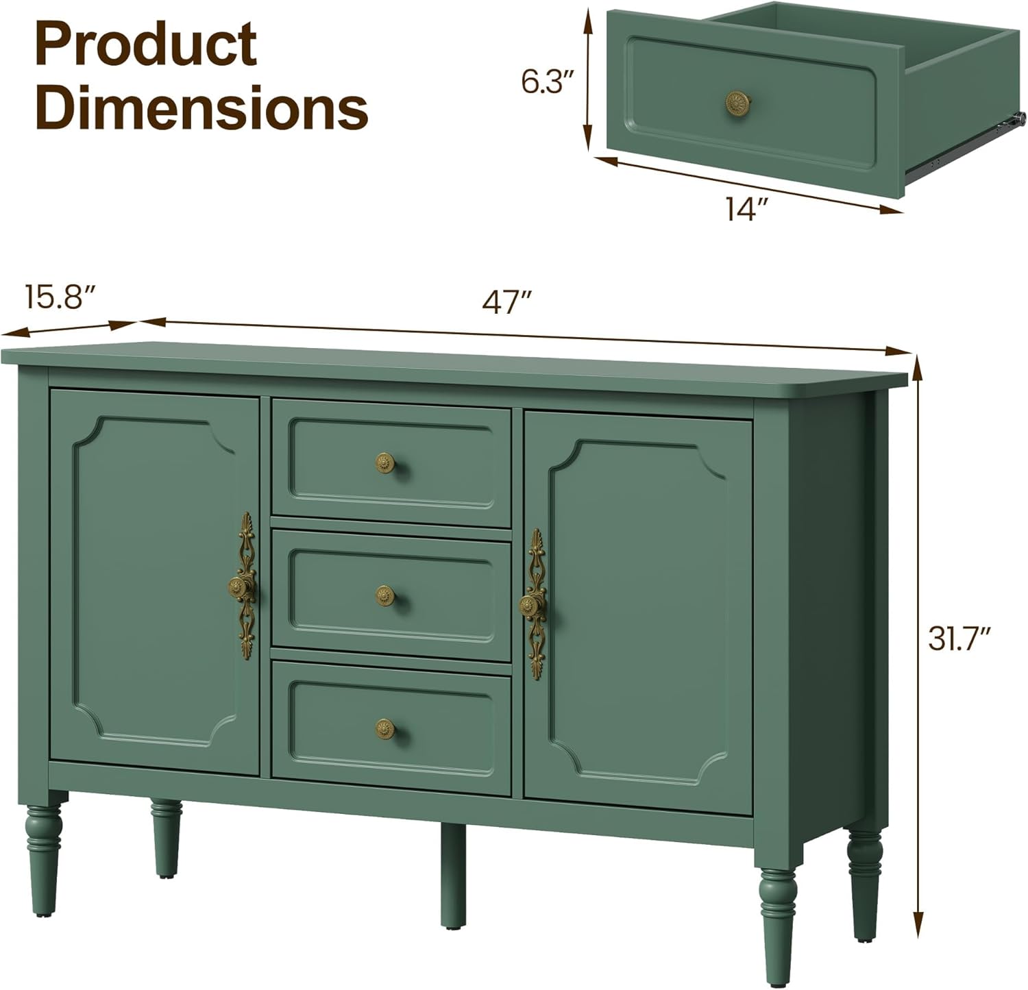 RoyalCraft Buffet Cabinet with Storage, Vintage Sideboard with 2 Doors & 3 Drawers, Coffee Bar Table with Solid Wood Legs, Mid Century Modern Painted Credenza for Kitchen, Dining Room, Green